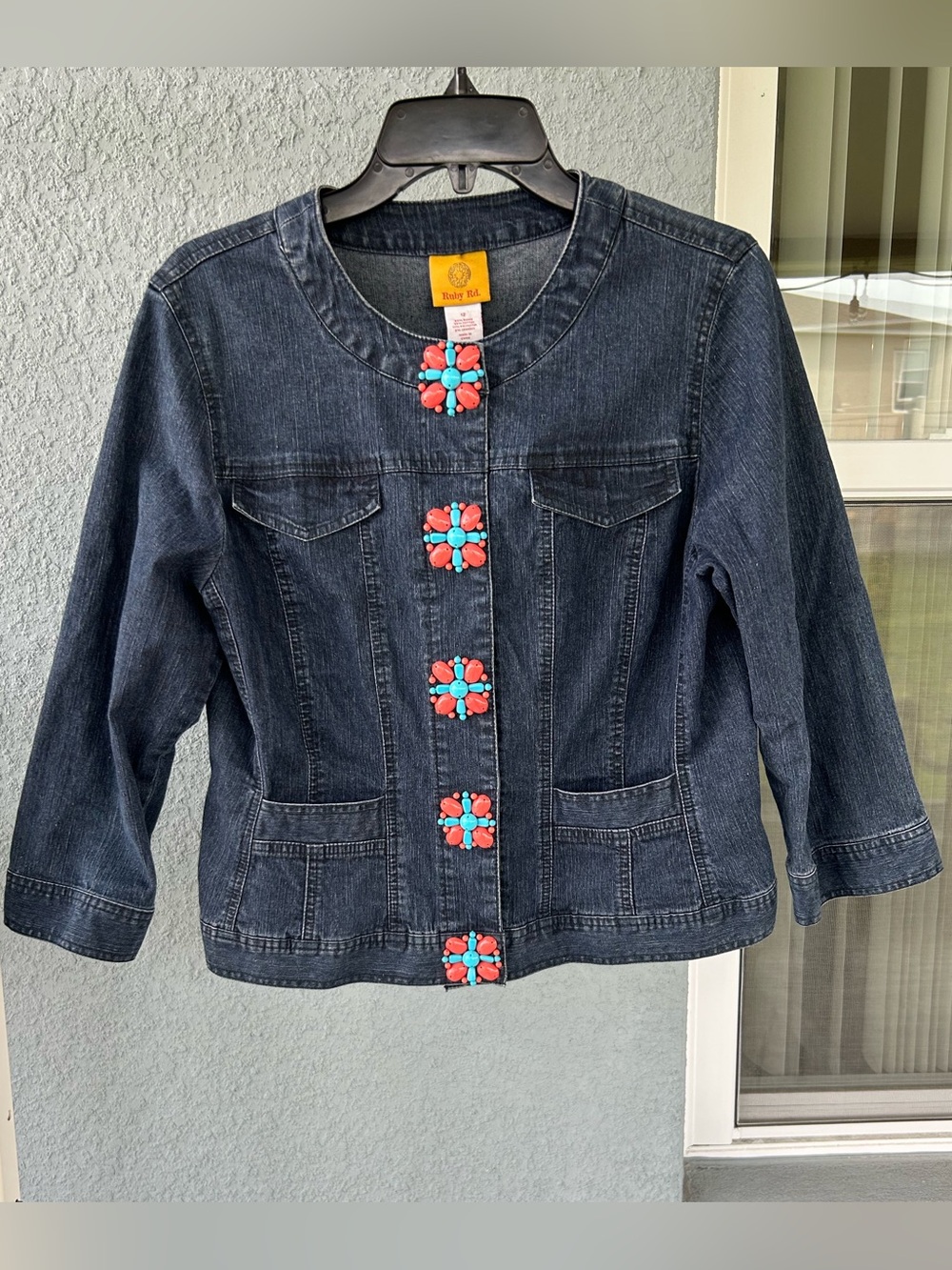 Ruby Rd Denim Embellished Beaded Snap Closure Jacket Size 12 Front Pockets